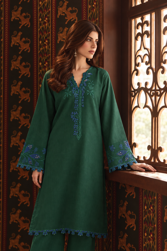 Forest Green Embroidered 3-PC Khaddar Dress