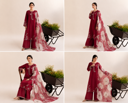 Ruby Floral Embroidered 3-PC Lawn Dress
