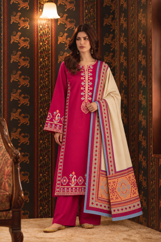 Fuchsia Embroidered 3-PC Khaddar Dress