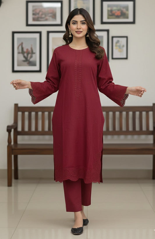Red Wine- Embroidered2-PC Khaddar Dress