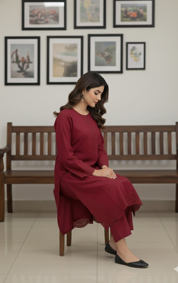 Red Wine- Embroidered2-PC Khaddar Dress