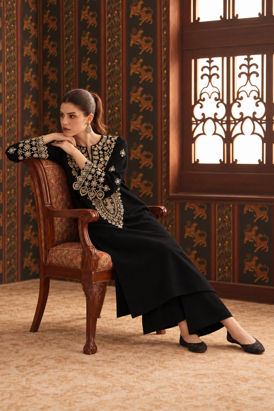Jet Black Embroidered 3-PC Khaddar Dress