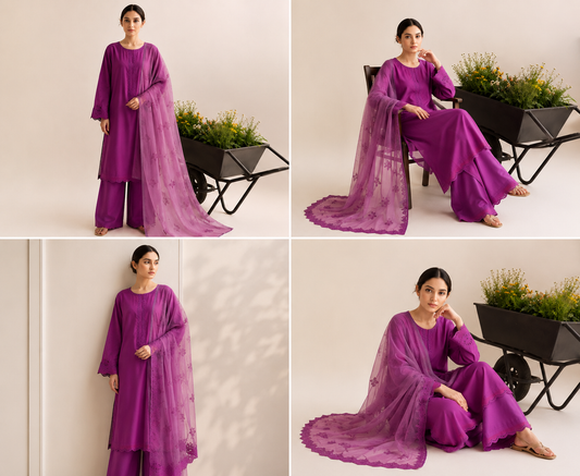 Royal Orchid Embroidered 3-PC Lawn Dress