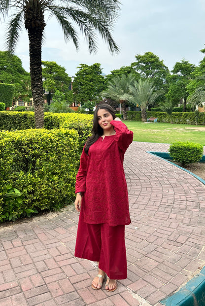 Royal Maroon Schiffli Embroidered Lawn 2 Piece
