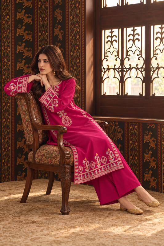 Fuchsia Embroidered 3-PC Khaddar Dress