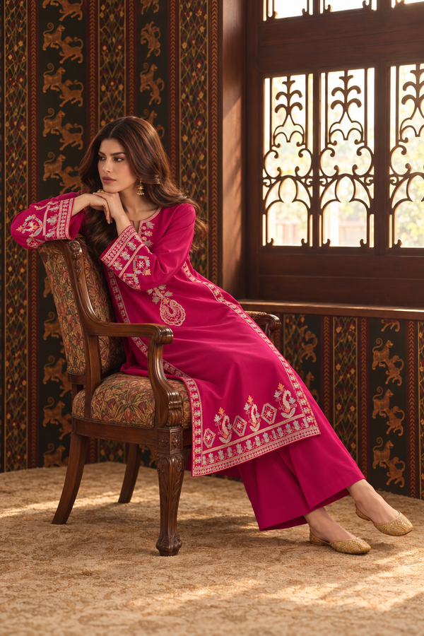 Fuchsia Embroidered 3-PC Khaddar Dress
