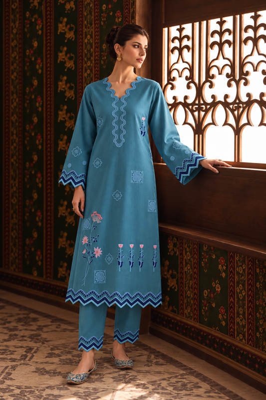 Teal Blue Embroidered 3-PC Khaddar Dress