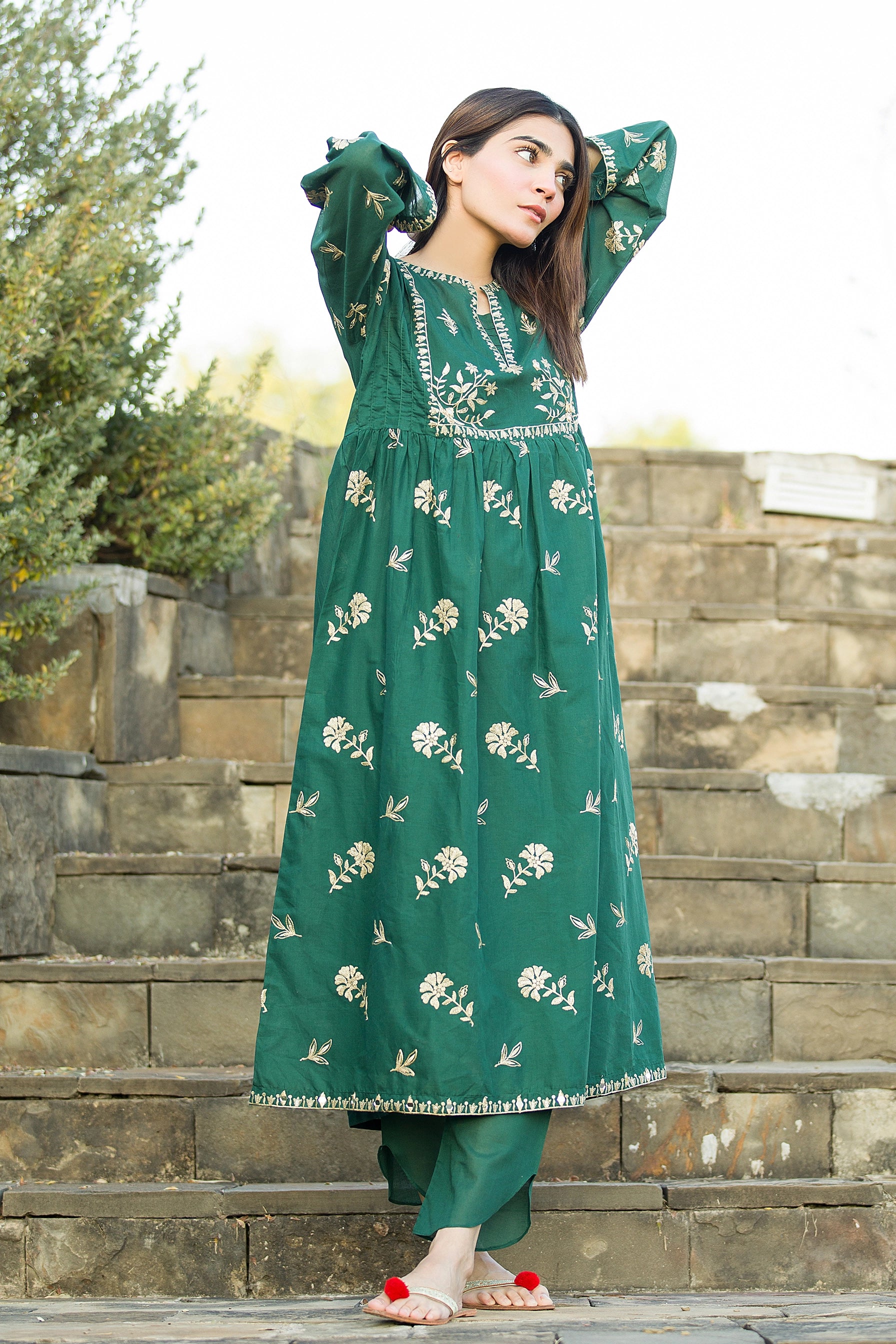MINAH Green 2 PEC Pakistani Designer Stitched Mirror Frock Mak fashion Mak Fashion