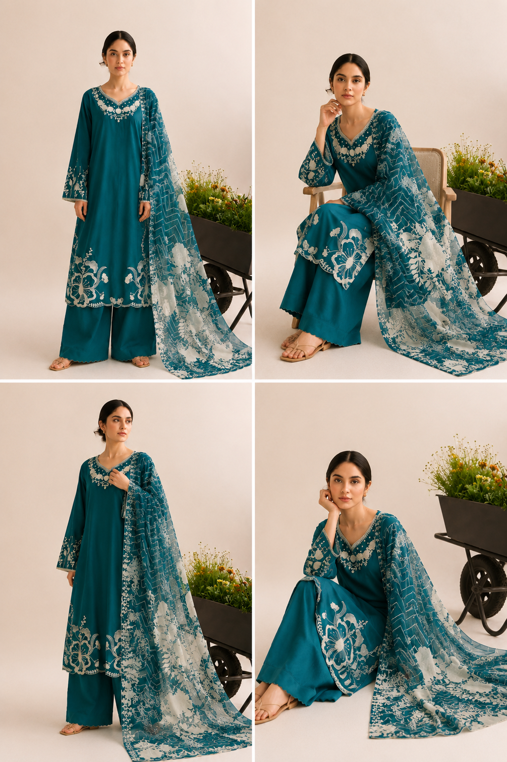 Teal Garden Embroidered 3-PC Lawn Dress