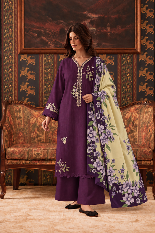 Plum Embroidered 3-PC Khaddar Dress