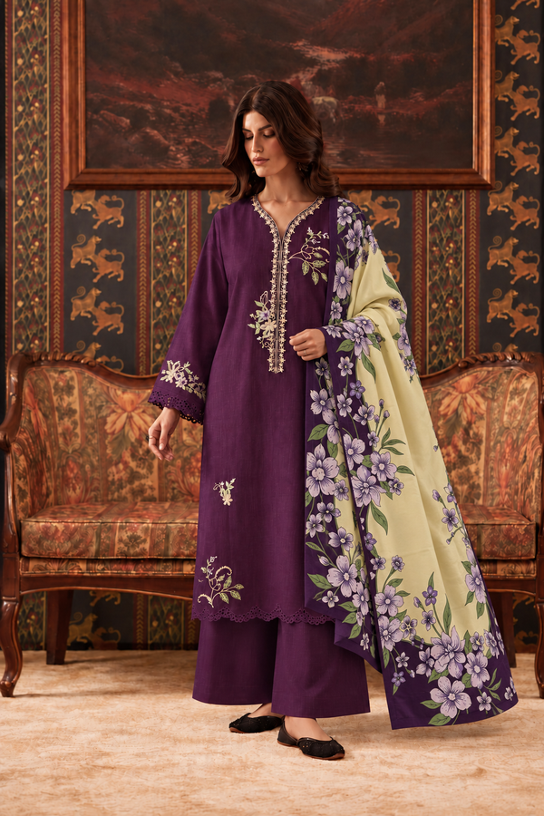 Plum Embroidered 3-PC Khaddar Dress