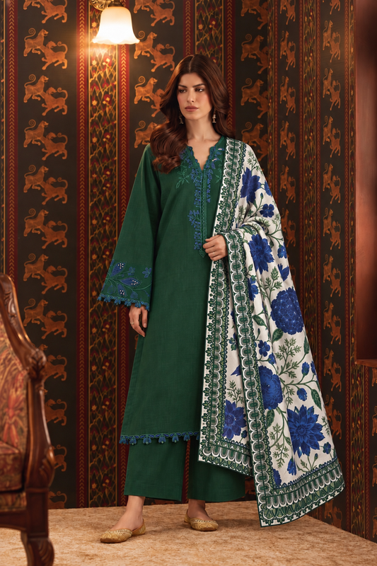 Forest Green Embroidered 3-PC Khaddar Dress