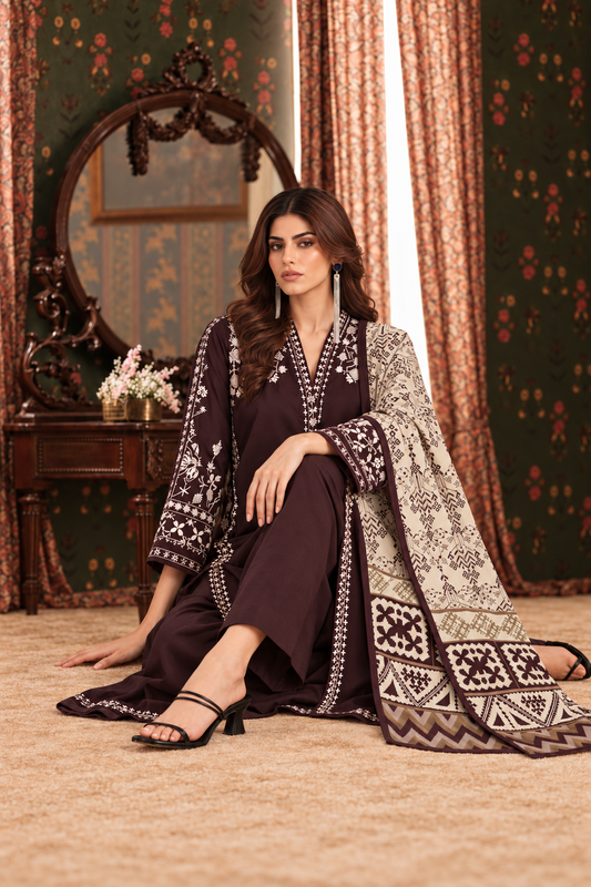 Chocolate Brown Embroidered 3-PC Khaddar Dress