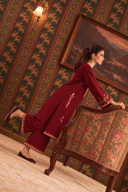 Deep Maroon Embroidered 3-PC Khaddar Dress
