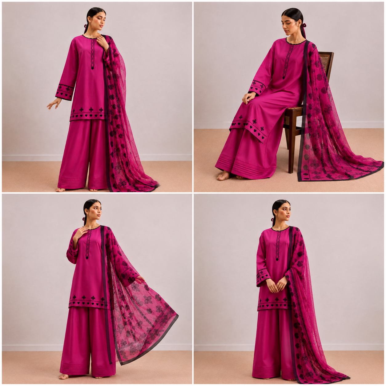 Fuchsia Bloom Embroidered 3-PC Lawn Dress