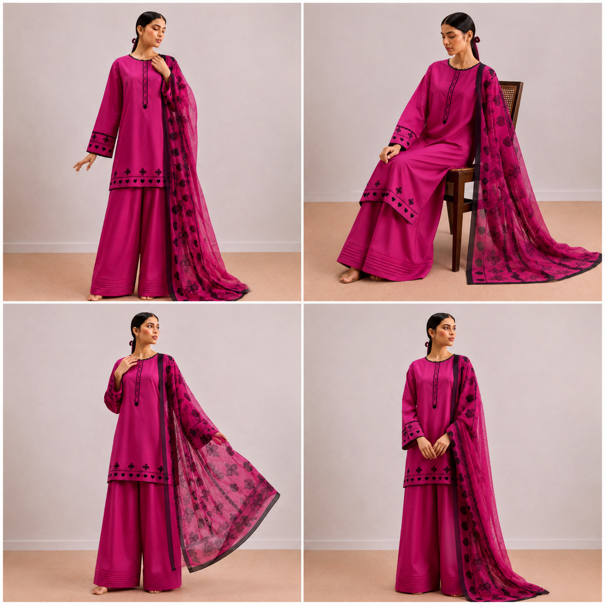 Fuchsia Bloom Embroidered 3-PC Lawn Dress