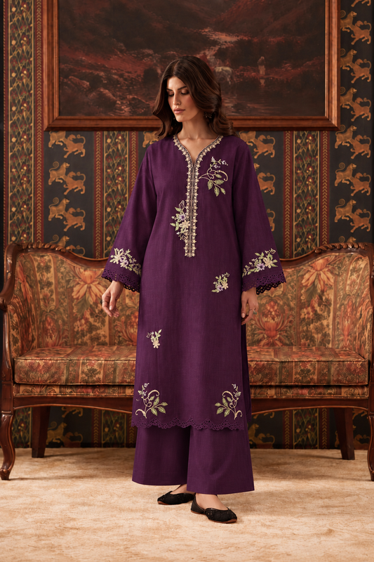 Plum Embroidered 3-PC Khaddar Dress