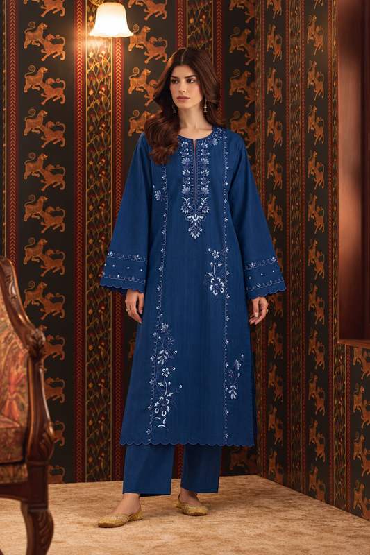 Royal Blue Embroidered 3-PC Khaddar Dress