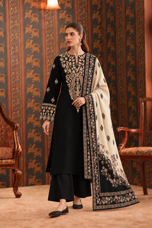 Jet Black Embroidered 3-PC Khaddar Dress