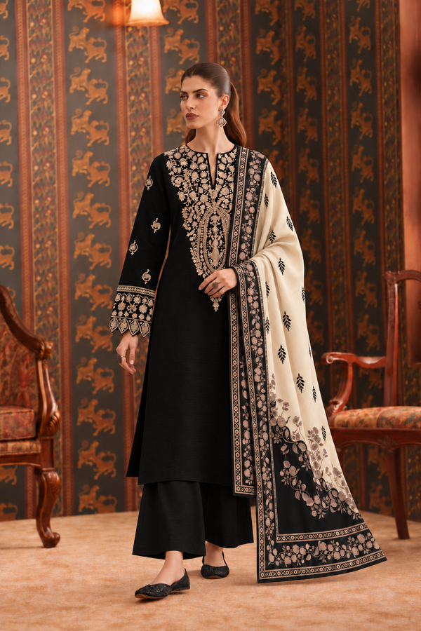 Jet Black Embroidered 3-PC Khaddar Dress