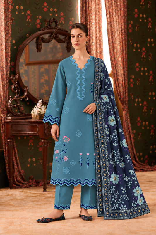 Teal Blue Embroidered 3-PC Khaddar Dress