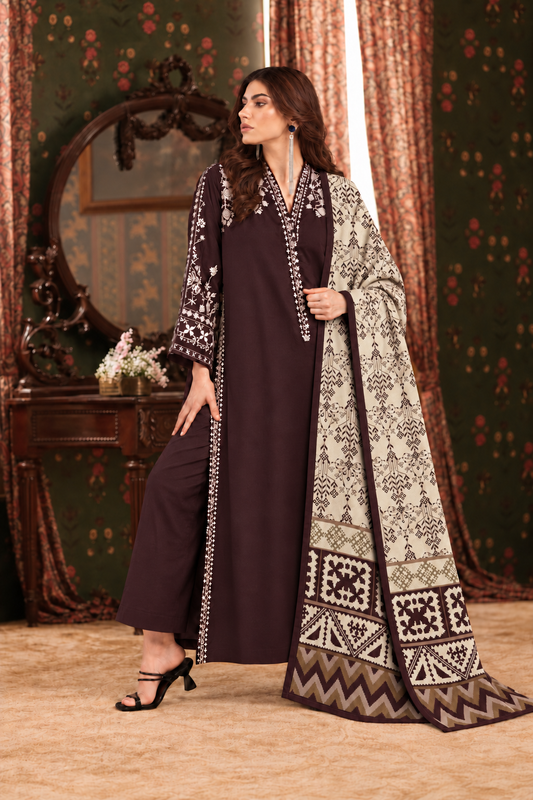 Chocolate Brown Embroidered 3-PC Khaddar Dress