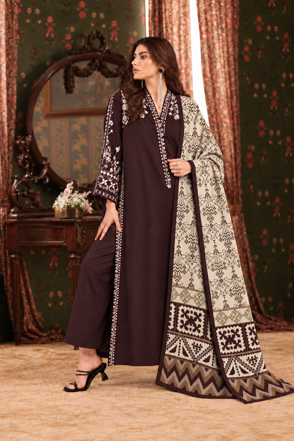 Chocolate Brown Embroidered 3-PC Khaddar Dress
