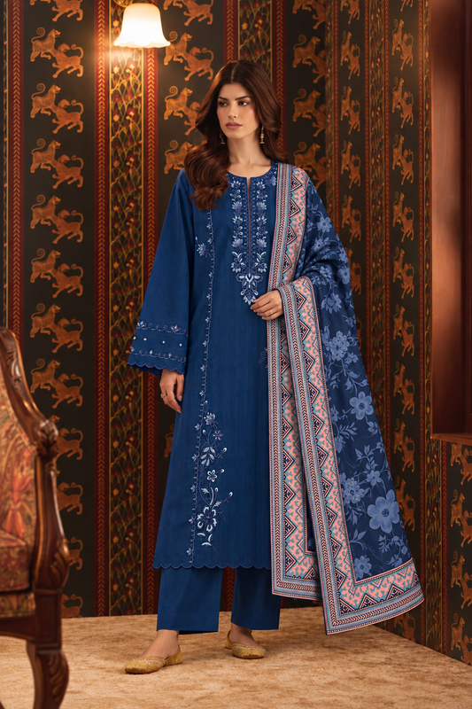 Royal Blue Embroidered 3-PC Khaddar Dress