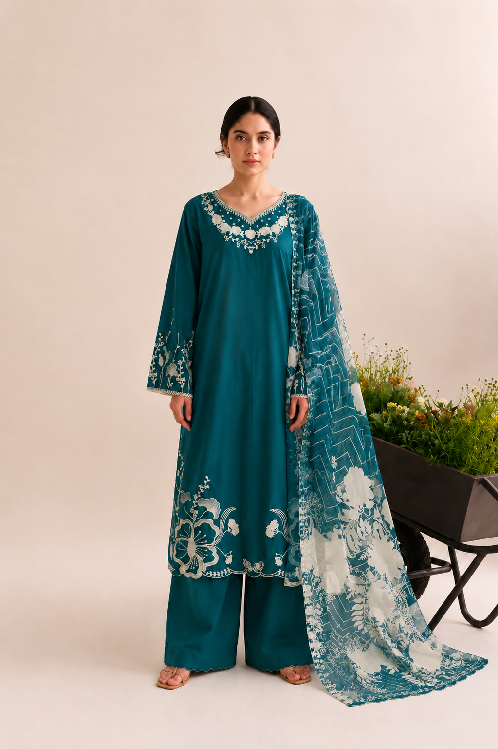 Teal Garden Embroidered 3-PC Lawn Dress