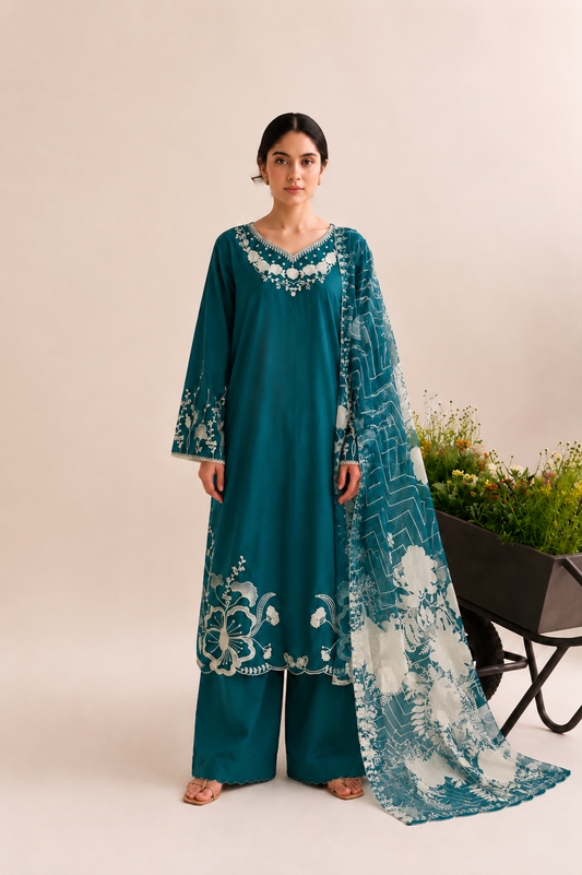 Teal Garden Embroidered 3-PC Lawn Dress