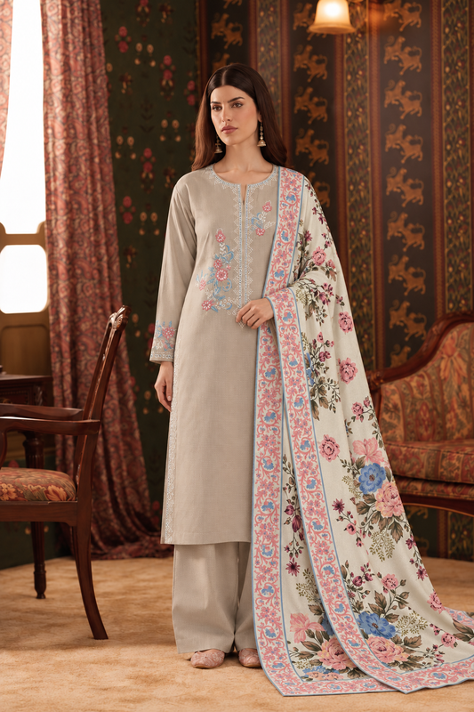 STONE Beige Embroidered 3-PC Khaddar Dress