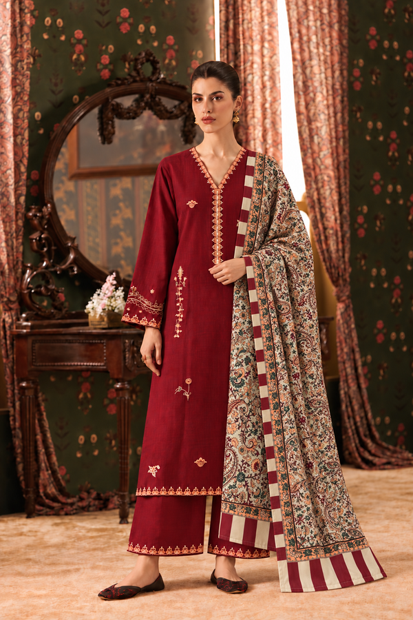 Deep Maroon Embroidered 3-PC Khaddar Dress