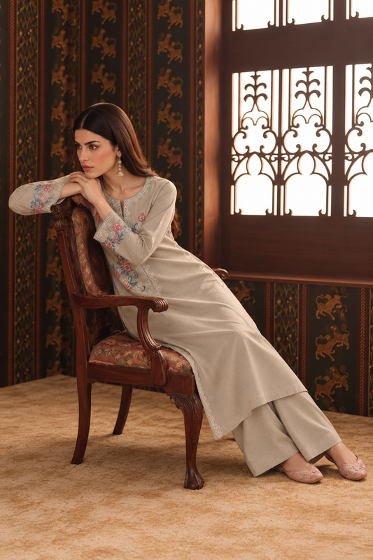 STONE Beige Embroidered 3-PC Khaddar Dress