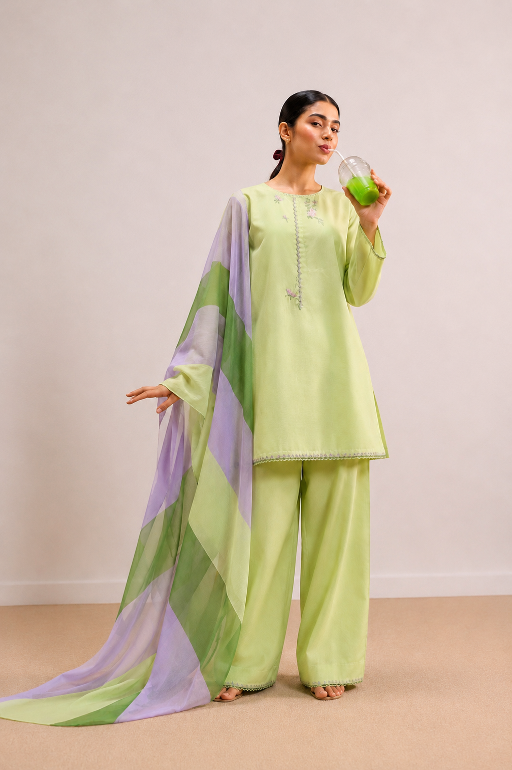 Lime Whisper Embroidered 3-PC Lawn Dress