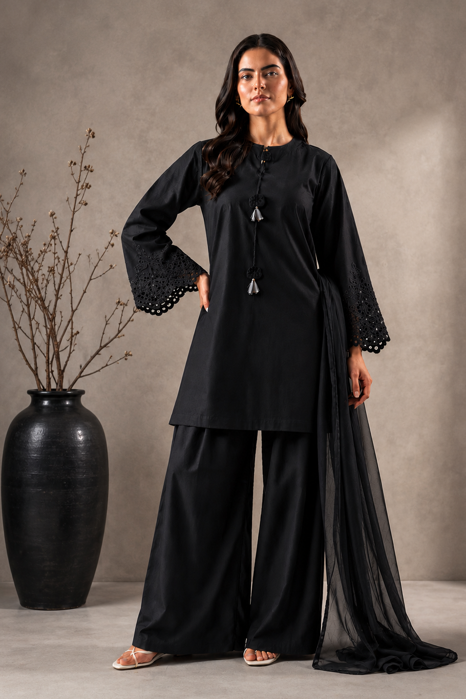 Midnight Noir Embroidered 3-PC Lawn Dress