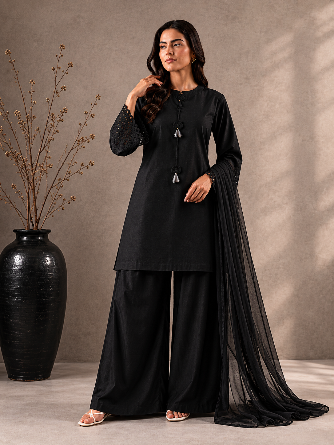 Midnight Noir Embroidered 3-PC Lawn Dress