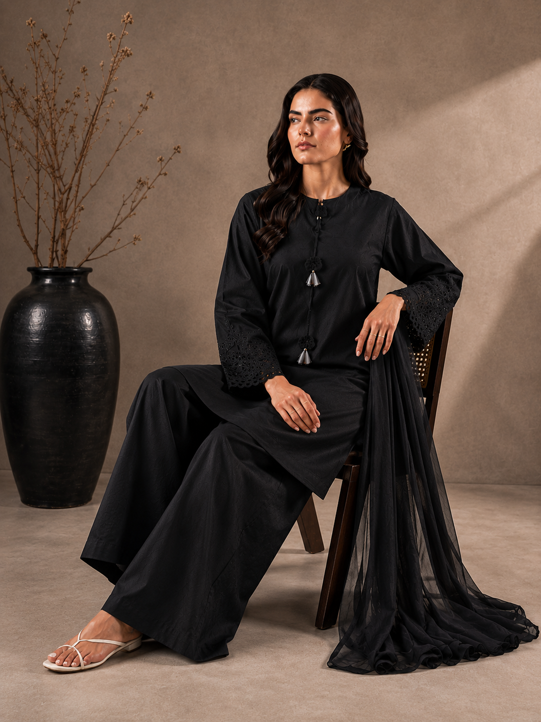 Midnight Noir Embroidered 3-PC Lawn Dress