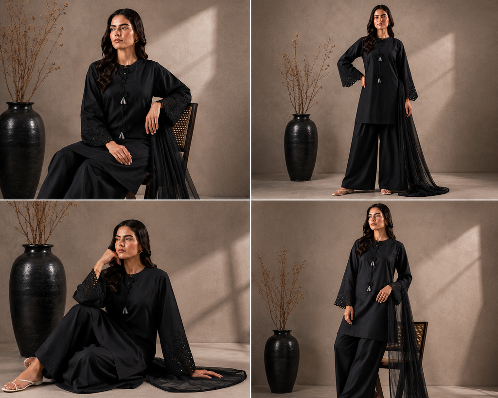 Midnight Noir Embroidered 3-PC Lawn Dress