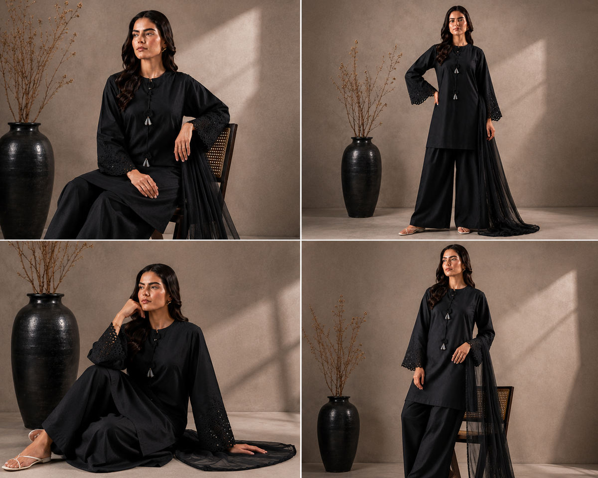 Midnight Noir Embroidered 3-PC Lawn Dress