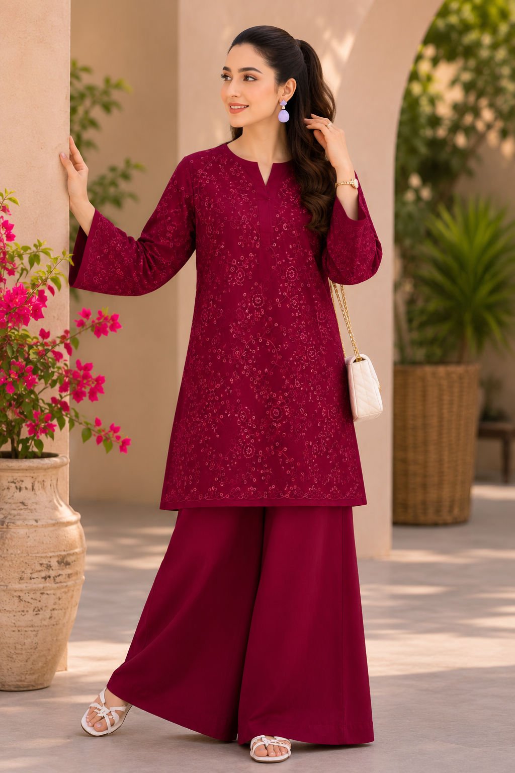 Royal Maroon Schiffli Embroidered Lawn 2 Piece
