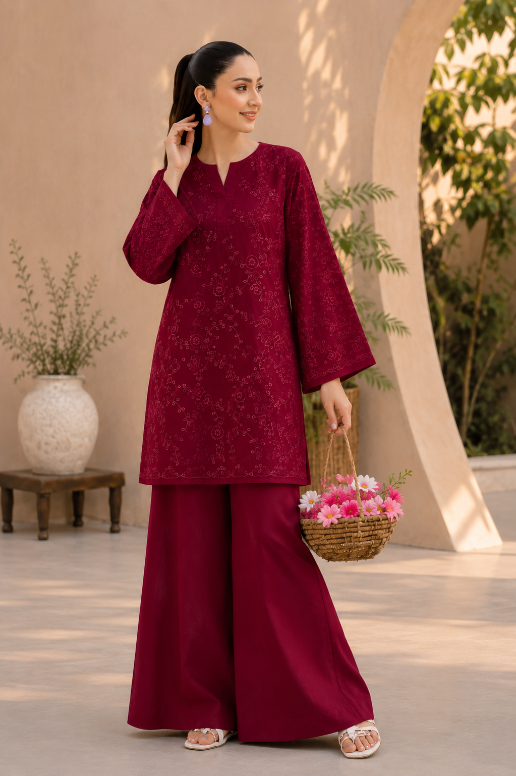 Royal Maroon Schiffli Embroidered Lawn 2 Piece