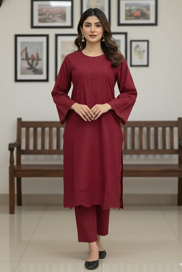 Red Wine- Embroidered2-PC Khaddar Dress