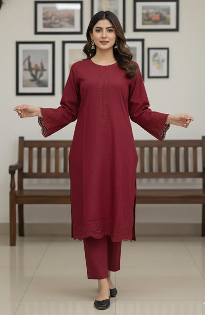 Red Wine- Embroidered2-PC Khaddar Dress